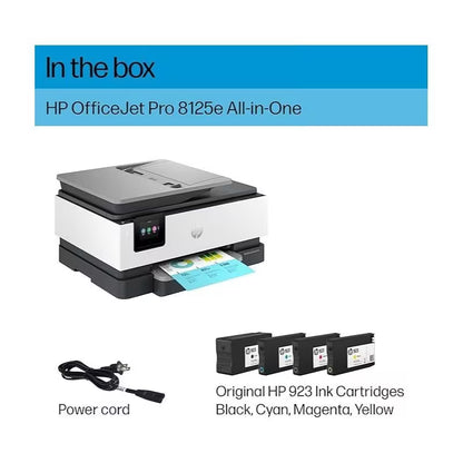 Impresora multifunción inalámbrica de inyección de tinta a color HP OfficeJet Pro 8125e. Imprime, escanea, copia, con alimentador automático de documentos (ADF) e impresión dúplex. Para uso doméstico y de oficina. Reacondicionada profesionalmente.